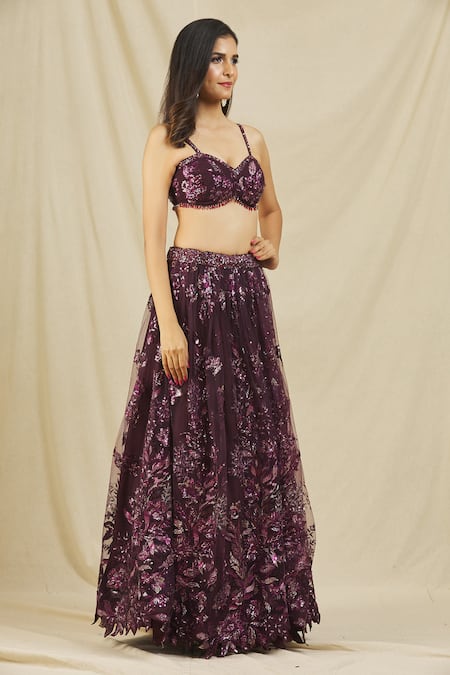 Buy_Rohini Bedi_Purple Net Embroidered Sequin And Thread Work Sweetheart Neck & Lehenga Set _Online_at_Aza_Fashions