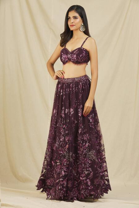 Shop_Rohini Bedi_Purple Net Embroidered Sequin And Thread Work Sweetheart Neck & Lehenga Set _Online_at_Aza_Fashions