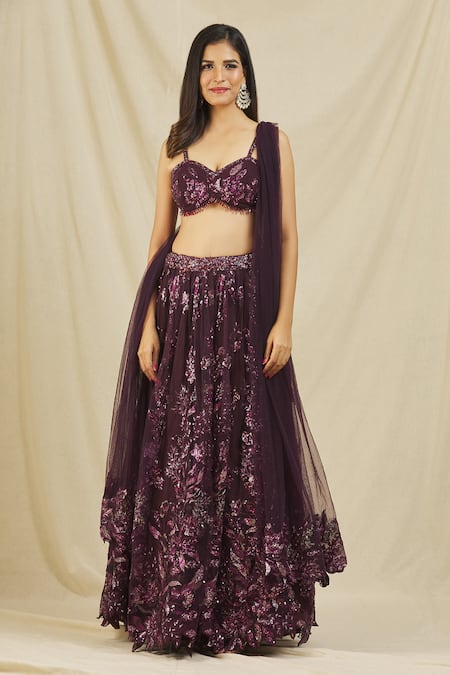 Buy_Rohini Bedi_Purple Net Embroidered Sequin And Thread Work Sweetheart Neck & Lehenga Set 