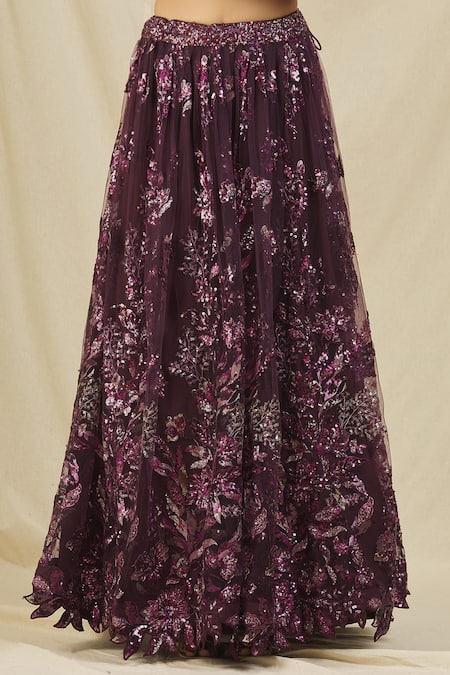 Shop_Rohini Bedi_Purple Net Embroidered Sequin And Thread Work Sweetheart Neck & Lehenga Set 