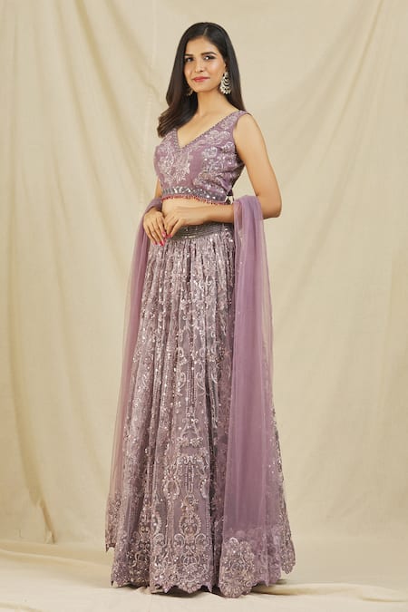 Buy_Rohini Bedi_Purple Net Embroidered Sequin And Thread Work V Neck Lehenga Set _Online_at_Aza_Fashions