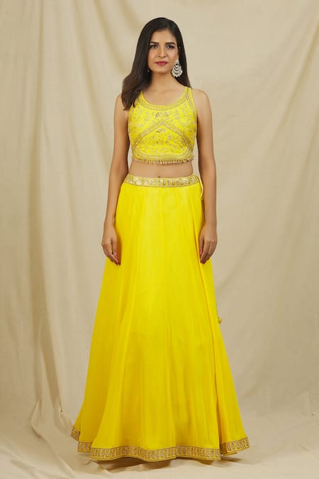 Rohini Bedi Yellow Georgette Embroidered Sequin Round Neck Zari Blouse Lehenga Set Online at Aza Fashions Rohini Bedi_Yellow Georgette Embroidered Sequin Round Neck Zari Blouse Lehenga Set _Online_at_Aza_Fashions