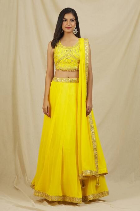 Shop Rohini Bedi Yellow Georgette Embroidered Sequin Round Neck Zari Blouse Lehenga Set Online at Aza Fashions Shop_Rohini Bedi_Yellow Georgette Embroidered Sequin Round Neck Zari Blouse Lehenga Set _Online_at_Aza_Fashions