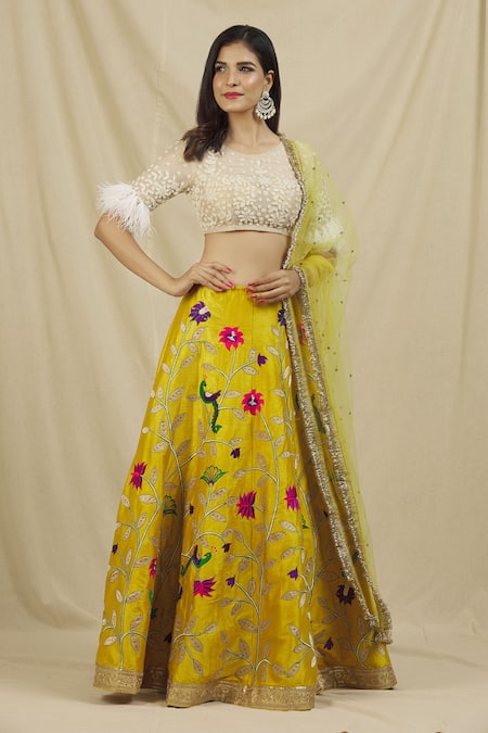 Shop Rohini Bedi Yellow Raw Silk Embroidered Sequin Round Neck Thread Lehenga Set Online at Aza Fashions Shop_Rohini Bedi_Yellow Raw Silk Embroidered Sequin Round Neck Thread Lehenga Set _Online_at_Aza_Fashions