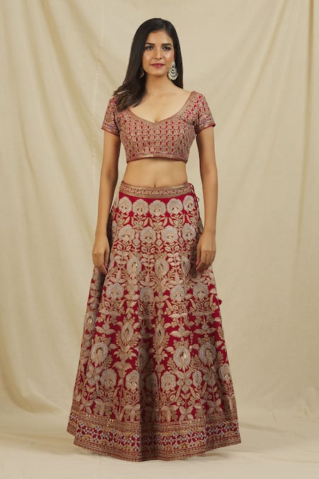 Rohini Bedi_Red Silk Zari, Embroidery Asymmetric Floral Zardozi Bridal Lehenga Set _Online_at_Aza_Fashions