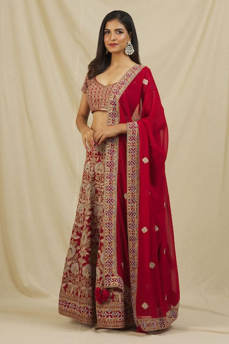 Buy_Rohini Bedi_Red Silk Zari, Embroidery Asymmetric Floral Zardozi Bridal Lehenga Set _Online_at_Aza_Fashions