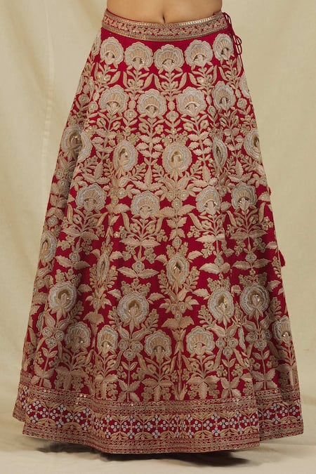 Rohini Bedi_Red Silk Zari, Embroidery Asymmetric Floral Zardozi Bridal Lehenga Set _at_Aza_Fashions