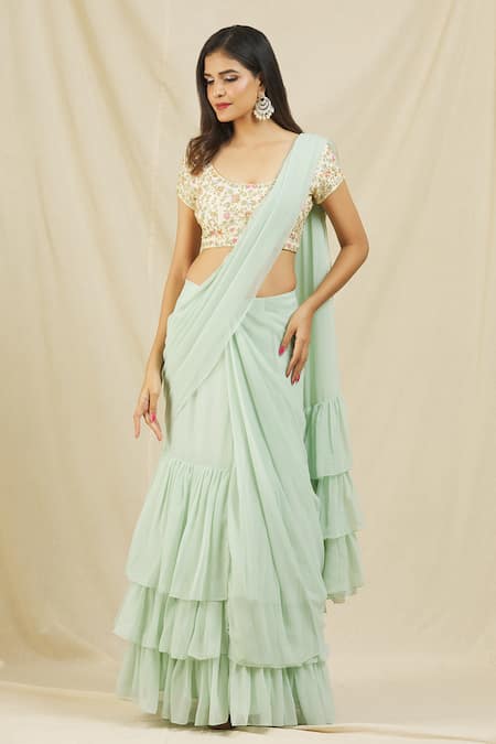 Rohini Bedi_Green Georgette Embroidered Zardozi Work Round Neck Ruffle Saree And Blouse Set _Online_at_Aza_Fashions