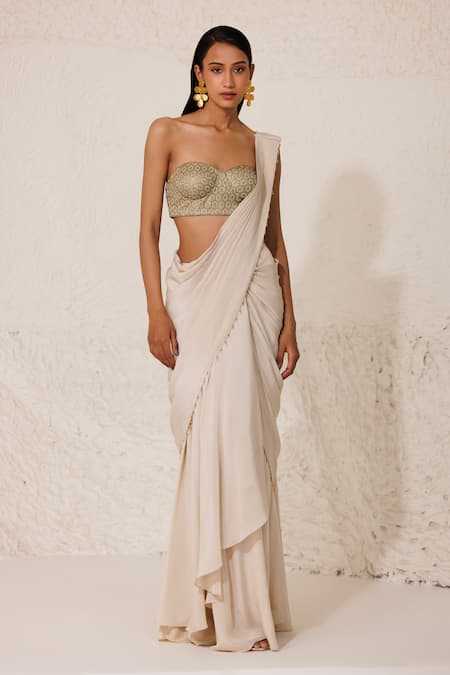 Chhaya Mehrotra Off White , Satin Pre-draped Godet Saree With Embellished Bustier Online at Aza Fashions Chhaya Mehrotra_Off White , Satin Pre-draped Godet Saree With Embellished Bustier _Online_at_Aza_Fashions