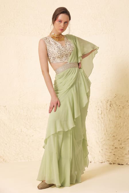 Chhaya Mehrotra Green Silk Rhinestones Pre-draped Ruffle Trim Saree With Embellished Blouse Online at Aza Fashions Chhaya Mehrotra_Green Silk Rhinestones Pre-draped Ruffle Trim Saree With Embellished Blouse _Online_at_Aza_Fashions