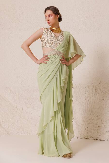 Buy Chhaya Mehrotra Green Silk Rhinestones Pre-draped Ruffle Trim Saree With Embellished Blouse Online at Aza Fashions Buy_Chhaya Mehrotra_Green Silk Rhinestones Pre-draped Ruffle Trim Saree With Embellished Blouse _Online_at_Aza_Fashions