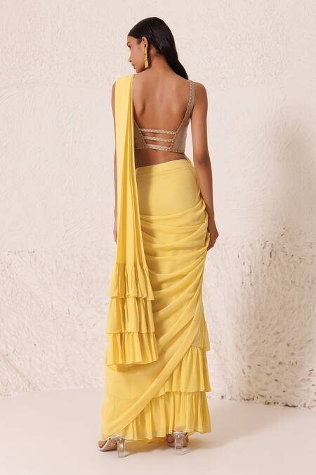 Shop Chhaya Mehrotra Yellow Silk Rhinestones V-neck Pre-draped Saree With Brocade Blouse at Aza Fashions Shop_Chhaya Mehrotra_Yellow Silk Rhinestones V-neck Pre-draped Saree With Brocade Blouse _at_Aza_Fashions