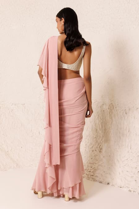 Shop Chhaya Mehrotra Pink Silk Pearls, Rhinestones Pre-draped Ruffle Saree With Embellished Blouse at Aza Fashions Shop_Chhaya Mehrotra_Pink Silk Pearls, Rhinestones Pre-draped Ruffle Saree With Embellished Blouse _at_Aza_Fashions