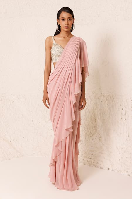 Buy Chhaya Mehrotra Pink Silk Pearls, Rhinestones Pre-draped Ruffle Saree With Embellished Blouse Online at Aza Fashions Buy_Chhaya Mehrotra_Pink Silk Pearls, Rhinestones Pre-draped Ruffle Saree With Embellished Blouse _Online_at_Aza_Fashions