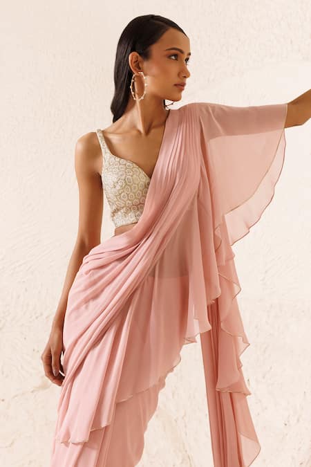 Shop Chhaya Mehrotra Pink Silk Pearls, Rhinestones Pre-draped Ruffle Saree With Embellished Blouse Online at Aza Fashions Shop_Chhaya Mehrotra_Pink Silk Pearls, Rhinestones Pre-draped Ruffle Saree With Embellished Blouse _Online_at_Aza_Fashions