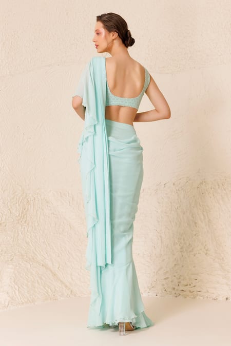 Shop Chhaya Mehrotra Blue Silk Pearls, Rhinestones V-neck Pre-draped Saree With Embellished Blouse at Aza Fashions Shop_Chhaya Mehrotra_Blue Silk Pearls, Rhinestones V-neck Pre-draped Saree With Embellished Blouse _at_Aza_Fashions