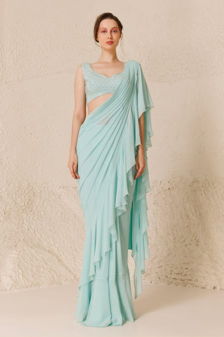 Chhaya Mehrotra Blue Silk Pearls, Rhinestones V-neck Pre-draped Saree With Embellished Blouse Online at Aza Fashions Chhaya Mehrotra_Blue Silk Pearls, Rhinestones V-neck Pre-draped Saree With Embellished Blouse _Online_at_Aza_Fashions