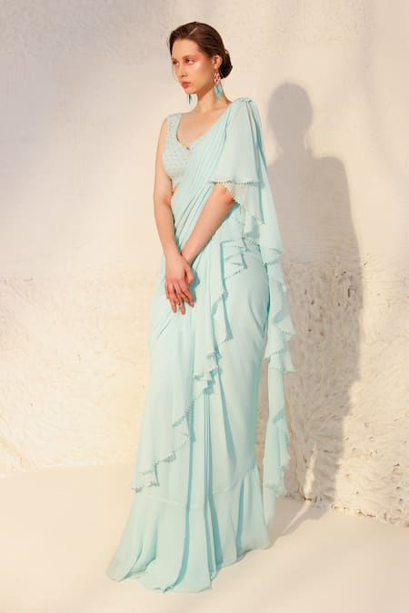 Chhaya Mehrotra Blue Silk Pearls, Rhinestones V-neck Pre-draped Saree With Embellished Blouse at Aza Fashions Chhaya Mehrotra_Blue Silk Pearls, Rhinestones V-neck Pre-draped Saree With Embellished Blouse _at_Aza_Fashions