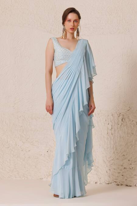 Chhaya Mehrotra Blue Silk Rhinestones V-neck Pre-draped Saree With Sleeveless Embellished Blouse Online at Aza Fashions Chhaya Mehrotra_Blue Silk Rhinestones V-neck Pre-draped Saree With Sleeveless Embellished Blouse _Online_at_Aza_Fashions