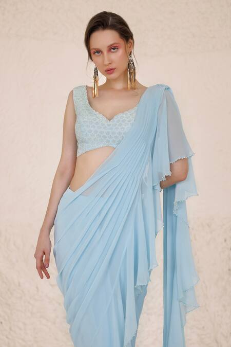 Buy Chhaya Mehrotra Blue Silk Rhinestones V-neck Pre-draped Saree With Sleeveless Embellished Blouse Online at Aza Fashions Buy_Chhaya Mehrotra_Blue Silk Rhinestones V-neck Pre-draped Saree With Sleeveless Embellished Blouse _Online_at_Aza_Fashions