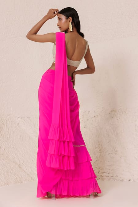 Shop_Chhaya Mehrotra_Pink Silk, Georgette, Tissue Pre-draped Ruffle Hem Saree With Embellished Blouse _at_Aza_Fashions