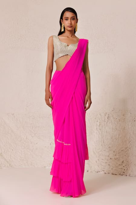 Chhaya Mehrotra_Pink Silk, Georgette, Tissue Pre-draped Ruffle Hem Saree With Embellished Blouse _Online_at_Aza_Fashions