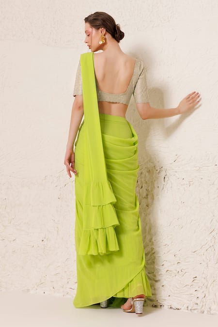 Shop_Chhaya Mehrotra_Green Tissue, Silk, Pre-draped Saree With Geometric Embellished Blouse _at_Aza_Fashions