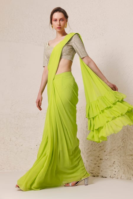 Chhaya Mehrotra_Green Tissue, Silk, Pre-draped Saree With Geometric Embellished Blouse _Online_at_Aza_Fashions