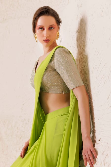 Buy_Chhaya Mehrotra_Green Tissue, Silk, Pre-draped Saree With Geometric Embellished Blouse _Online_at_Aza_Fashions