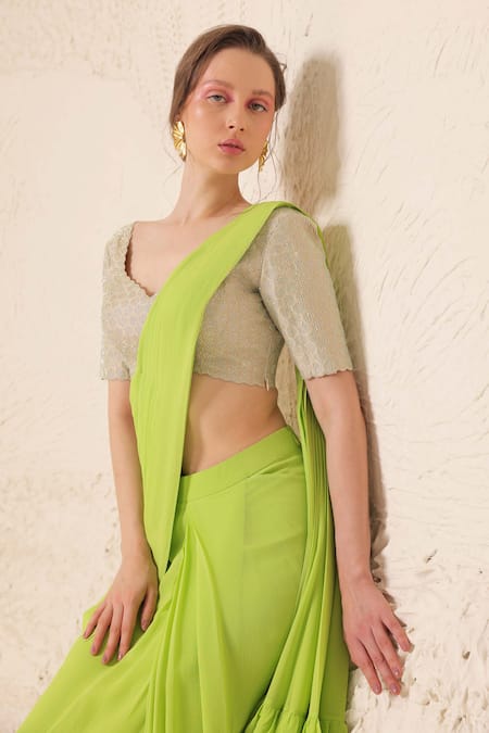 Shop_Chhaya Mehrotra_Green Tissue, Silk, Pre-draped Saree With Geometric Embellished Blouse _Online_at_Aza_Fashions