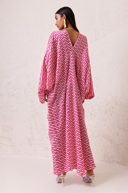 Shop Chhaya Mehrotra Pink Silk Satin Tassels V-neck Geometric Print Kaftan at Aza Fashions Shop_Chhaya Mehrotra_Pink Silk Satin Tassels V-neck Geometric Print Kaftan _at_Aza_Fashions
