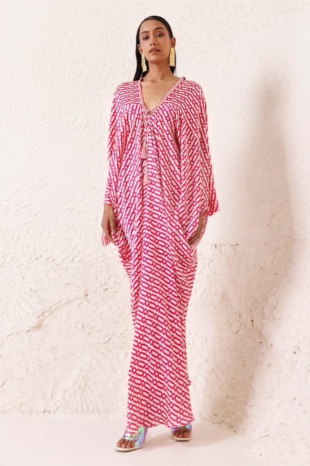 Chhaya Mehrotra Pink Silk Satin Tassels V-neck Geometric Print Kaftan Online at Aza Fashions Chhaya Mehrotra_Pink Silk Satin Tassels V-neck Geometric Print Kaftan _Online_at_Aza_Fashions
