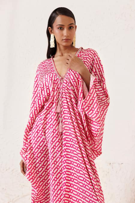 Buy Chhaya Mehrotra Pink Silk Satin Tassels V-neck Geometric Print Kaftan Online at Aza Fashions Buy_Chhaya Mehrotra_Pink Silk Satin Tassels V-neck Geometric Print Kaftan _Online_at_Aza_Fashions