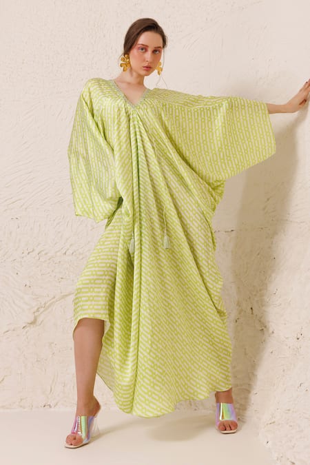 Chhaya Mehrotra Green Silk Satin Tassels V-neck Geometric Chain Print Kaftan 