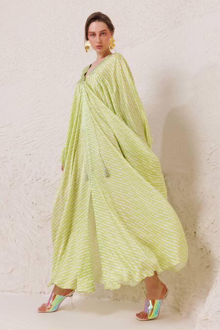 Chhaya Mehrotra Green Silk Satin Tassels V-neck Geometric Chain Print Kaftan Online at Aza Fashions Chhaya Mehrotra_Green Silk Satin Tassels V-neck Geometric Chain Print Kaftan _Online_at_Aza_Fashions