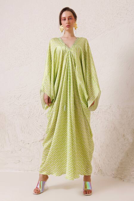 Buy Chhaya Mehrotra Green Silk Satin Tassels V-neck Geometric Chain Print Kaftan Online at Aza Fashions Buy_Chhaya Mehrotra_Green Silk Satin Tassels V-neck Geometric Chain Print Kaftan _Online_at_Aza_Fashions