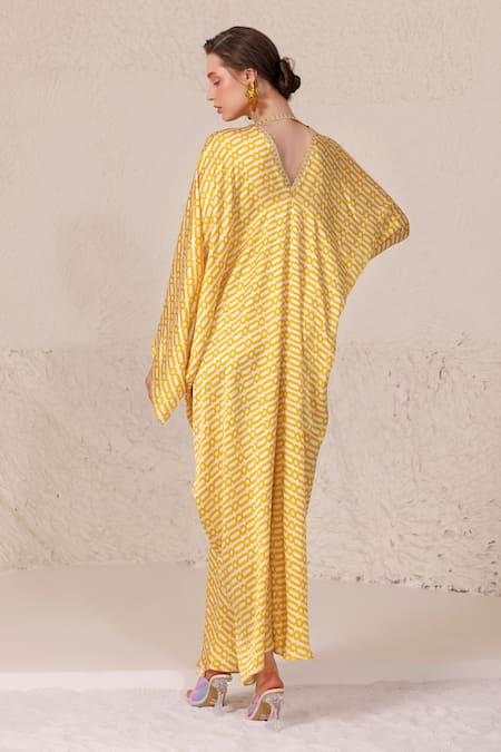 Shop Chhaya Mehrotra Yellow Silk Satin V-neck Geometric Print Kaftan at Aza Fashions Shop_Chhaya Mehrotra_Yellow Silk Satin V-neck Geometric Print Kaftan _at_Aza_Fashions