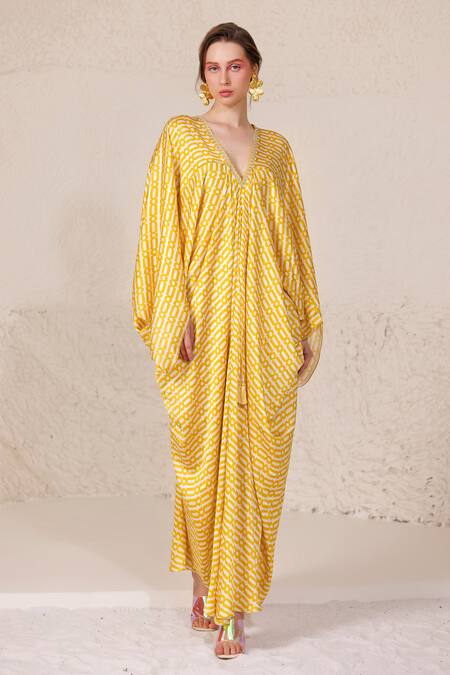 Buy Chhaya Mehrotra Yellow Silk Satin V-neck Geometric Print Kaftan Online at Aza Fashions Buy_Chhaya Mehrotra_Yellow Silk Satin V-neck Geometric Print Kaftan _Online_at_Aza_Fashions