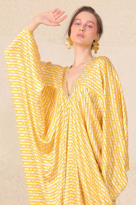 Shop Chhaya Mehrotra Yellow Silk Satin V-neck Geometric Print Kaftan Online at Aza Fashions Shop_Chhaya Mehrotra_Yellow Silk Satin V-neck Geometric Print Kaftan _Online_at_Aza_Fashions