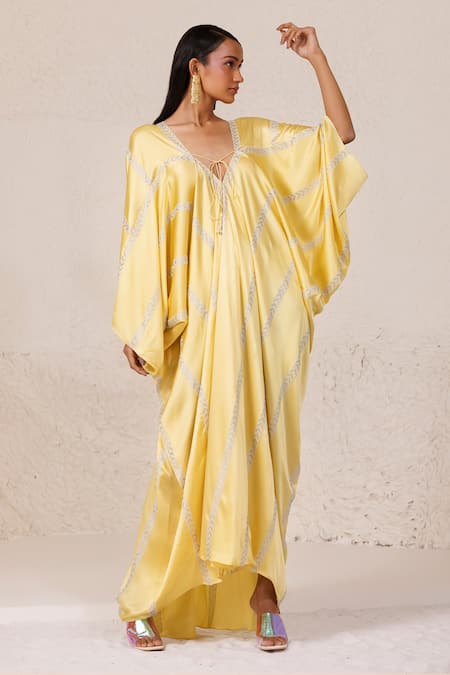 Shop Chhaya Mehrotra Yellow Silk Satin Rhinestones V-neck Embellished Kaftan at Aza Fashions Shop_Chhaya Mehrotra_Yellow Silk Satin Rhinestones V-neck Embellished Kaftan _at_Aza_Fashions