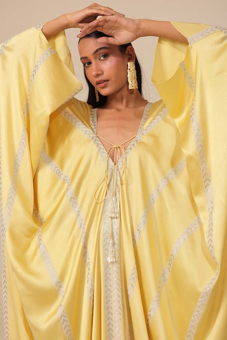 Buy Chhaya Mehrotra Yellow Silk Satin Rhinestones V-neck Embellished Kaftan Online at Aza Fashions Buy_Chhaya Mehrotra_Yellow Silk Satin Rhinestones V-neck Embellished Kaftan _Online_at_Aza_Fashions