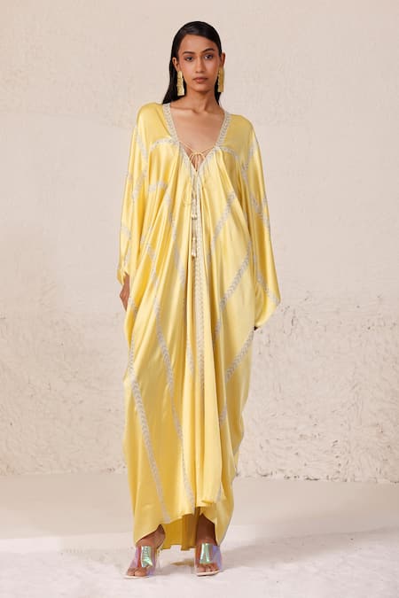 Shop Chhaya Mehrotra Yellow Silk Satin Rhinestones V-neck Embellished Kaftan Online at Aza Fashions Shop_Chhaya Mehrotra_Yellow Silk Satin Rhinestones V-neck Embellished Kaftan _Online_at_Aza_Fashions