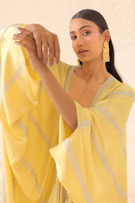 Chhaya Mehrotra Yellow Silk Satin Rhinestones V-neck Embellished Kaftan at Aza Fashions Chhaya Mehrotra_Yellow Silk Satin Rhinestones V-neck Embellished Kaftan _at_Aza_Fashions