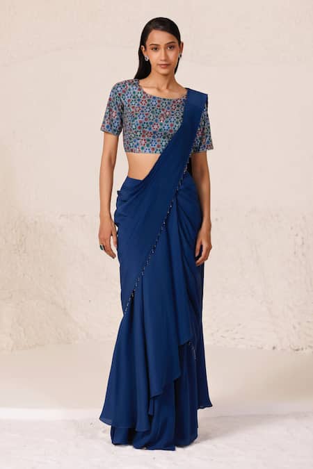 Shop Chhaya Mehrotra Blue Silk, Crepe Rhinestones, Pre-draped Godet Saree With Embellished Blouse at Aza Fashions Shop_Chhaya Mehrotra_Blue Silk, Crepe Rhinestones, Pre-draped Godet Saree With Embellished Blouse _at_Aza_Fashions