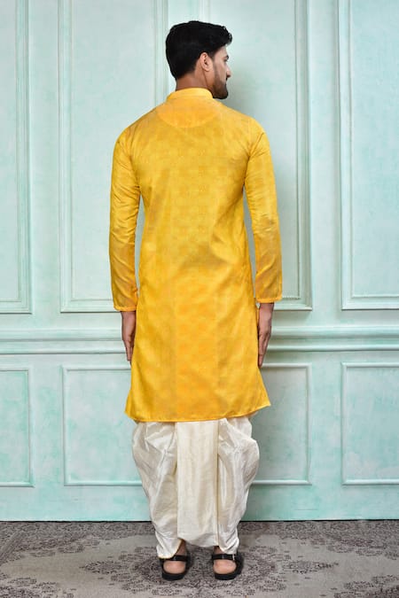 Shop Arihant Rai Sinha Yellow Jacquard, Silk Embroidery Sequin Work Kurta And Contrast Dhoti Pant Set at Aza Fashions Shop_Arihant Rai Sinha_Yellow Jacquard, Silk Embroidery Sequin Work Kurta And Contrast Dhoti Pant Set _at_Aza_Fashions