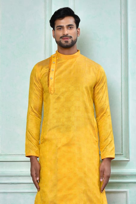 Arihant Rai Sinha Yellow Jacquard, Silk Embroidery Sequin Work Kurta And Contrast Dhoti Pant Set Online at Aza Fashions Arihant Rai Sinha_Yellow Jacquard, Silk Embroidery Sequin Work Kurta And Contrast Dhoti Pant Set _Online_at_Aza_Fashions