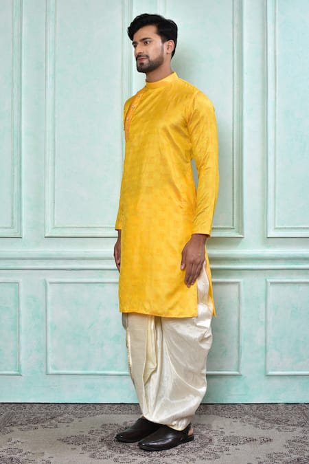 Shop Arihant Rai Sinha Yellow Jacquard, Silk Embroidery Sequin Work Kurta And Contrast Dhoti Pant Set Online at Aza Fashions Shop_Arihant Rai Sinha_Yellow Jacquard, Silk Embroidery Sequin Work Kurta And Contrast Dhoti Pant Set _Online_at_Aza_Fashions