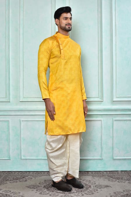 Arihant Rai Sinha Yellow Jacquard, Silk Embroidery Sequin Work Kurta And Contrast Dhoti Pant Set at Aza Fashions Arihant Rai Sinha_Yellow Jacquard, Silk Embroidery Sequin Work Kurta And Contrast Dhoti Pant Set _at_Aza_Fashions