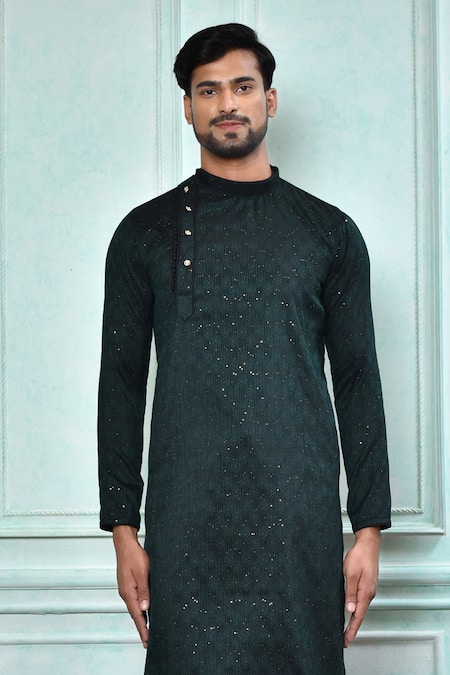 Buy_Arihant Rai Sinha_Green Jacquard, Silk Sequins Work Kurta And Black Churidar Set _Online_at_Aza_Fashions