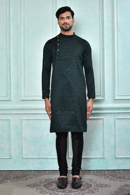 Shop_Arihant Rai Sinha_Green Jacquard, Silk Sequins Work Kurta And Black Churidar Set _Online_at_Aza_Fashions